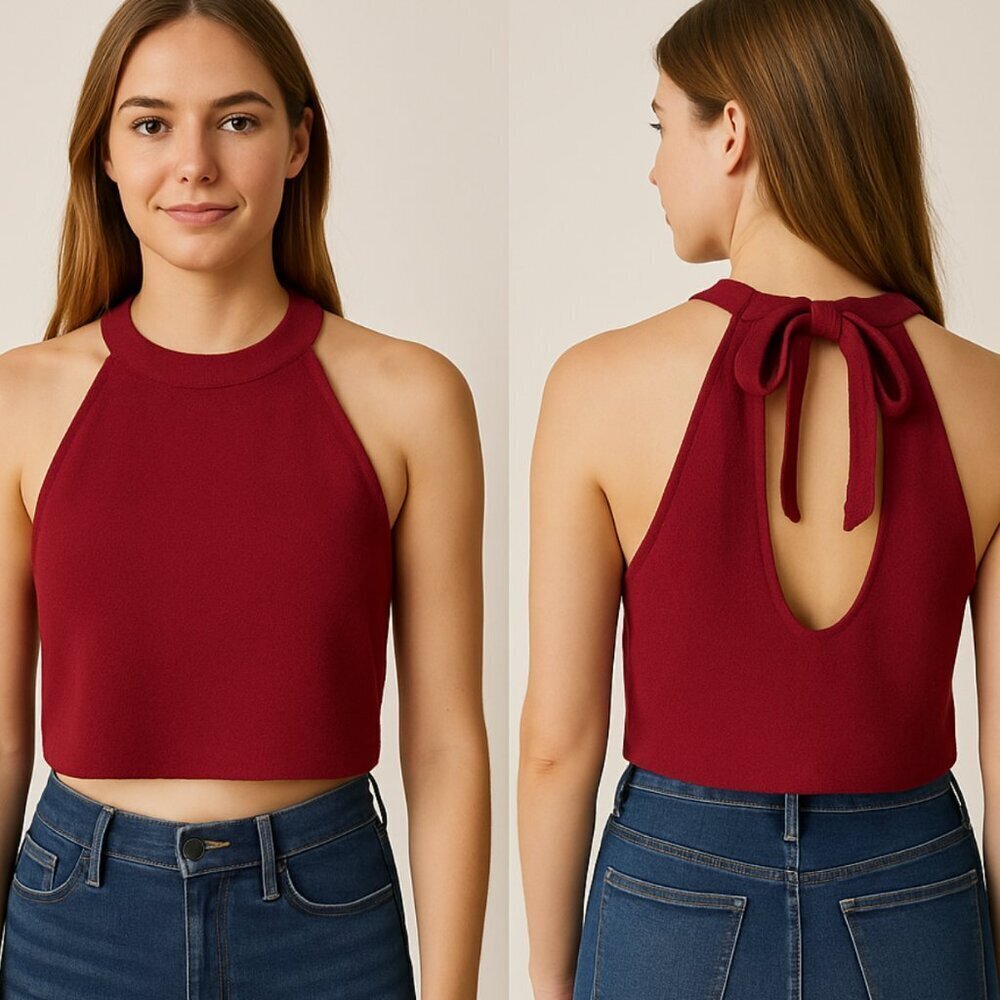 J.O.A Women's Size Large Burgundy Maroon Backless Halter Crop Top